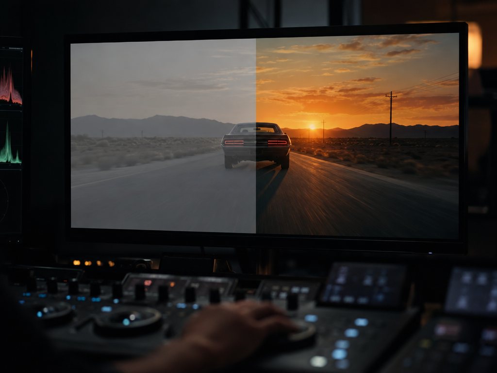 Monitor showing footage split between flat ungraded and cinematic graded color