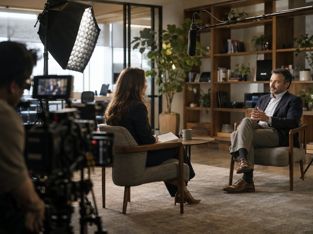Interview set with a cinema camera, boom microphone and soft light